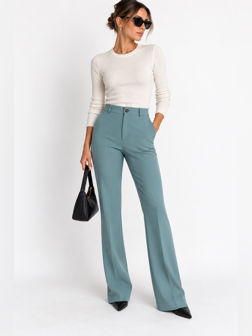 Aritzia Babaton Publish Pant Dusty Aqua Blue High Rise Bootcut Trousers size 8